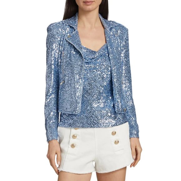 NEW Generation Love Size M Women's Robin Sequin Moto Jacket - Chambray Blue - Picture 6 of 10